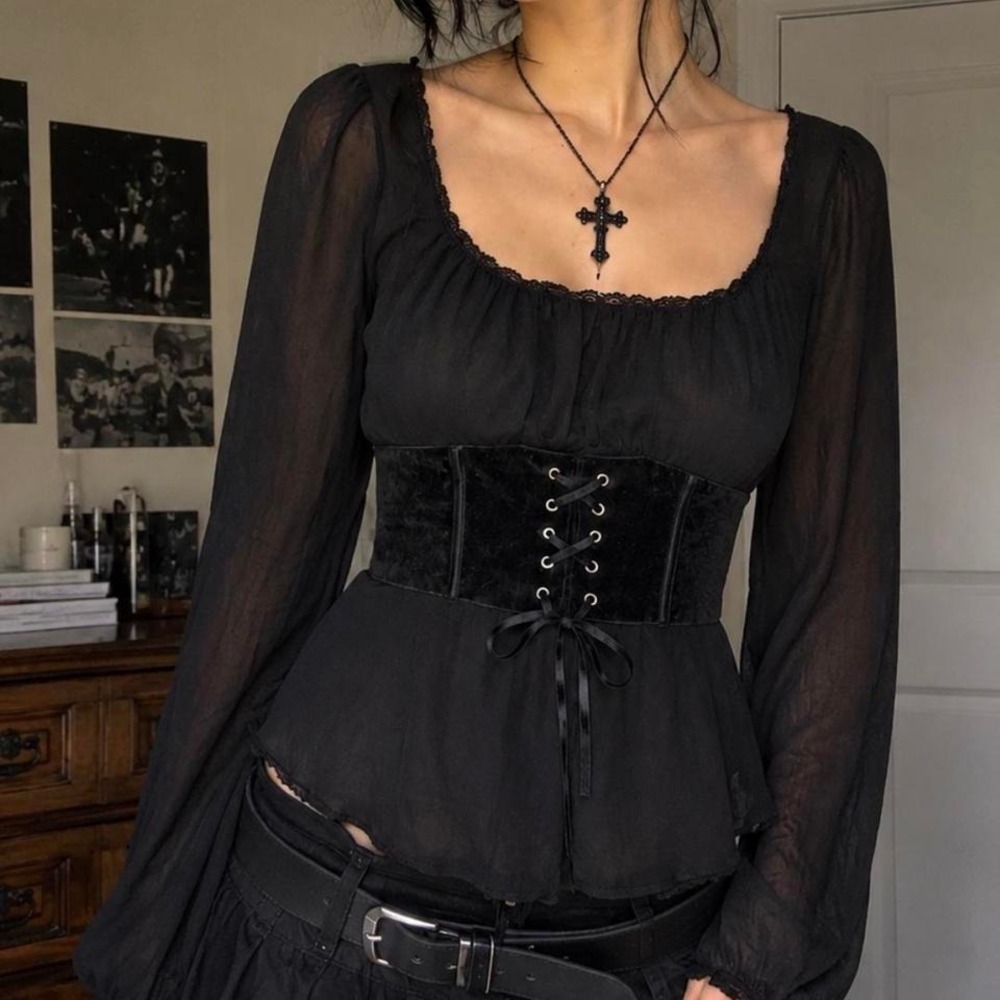 Black Sheer Corset Tie Peasant Top Fairy Grunge Goth Y2K Large / XL
